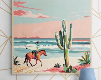 May include: A painting of a brown horse with a cowboy riding it on a beach with a surfboard. The horse is running towards the right side of the painting. There is a large cactus in the background. The sky is a light pink and blue.