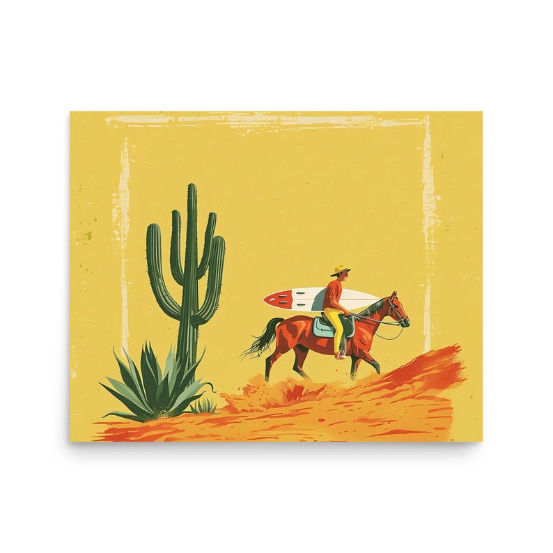 Surf Cowboy Riding a Horse Art Print Illustration Horse Beach Walk Baja ...