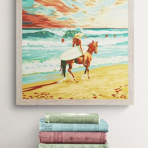 Surf Cowgirl Riding A Horse on the Beach at Sunset Surfer Girl Searching for Waves Art Print for Surf Lover Wall Decor for Horse Lover