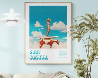 Surf Cowgirl Horse Riding Beach Print, Sunset Wall Decor