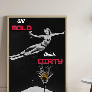 Vintage Ski Poster, Bar Cart Print, Black & White, Ski Photo, Alcohol Wall Art, Ski Lodge Decor, Skiing Wall Art, Digital Download, Martini