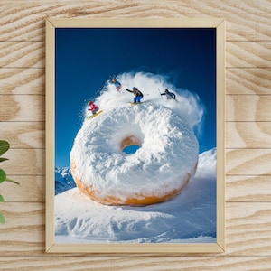 May include: A large, frosted donut sits on a snowy mountain slope. Four people are skiing down the donut, creating a cloud of snow behind them. The sky is blue and the mountain is covered in snow.