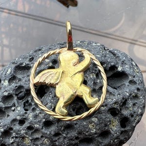 Heavy Solid 14kYellow Gold Guardian Angel Pendant , Handmade