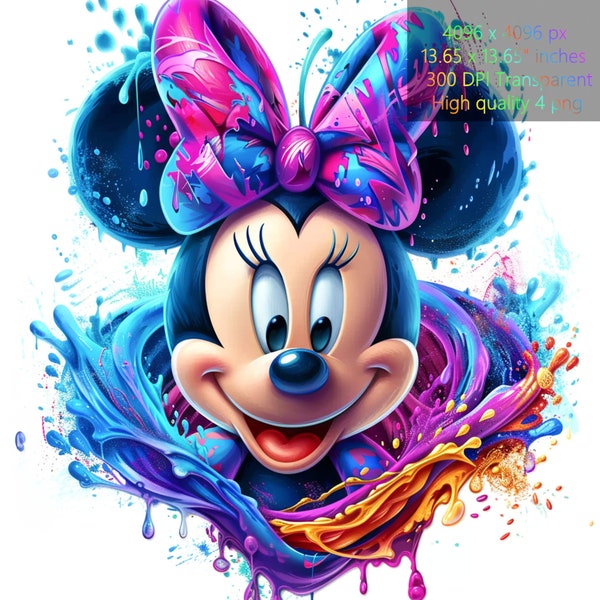 Minnie Png, Minnie portant un noeud coloré, splash aquarelle 3D png, images transparentes 300 dpi, conception de t-shirt Minnie, téléchargement numérique instantané