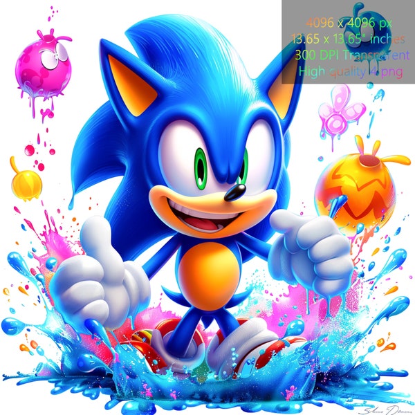 Sonic le hérisson Png, téléchargement numérique instantané 300 Dpi, T-shirt sublimation Design, 3D Splash aquarelle Sonic Clipart Bundle, 5 fichier imprimable