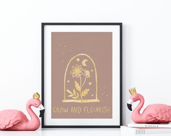 Botanical Celestial Art Print | Grow and Flourish Print | Mystic Flowers | Moon Artwork | Natural Aesthetic | Gift For Her | Typography