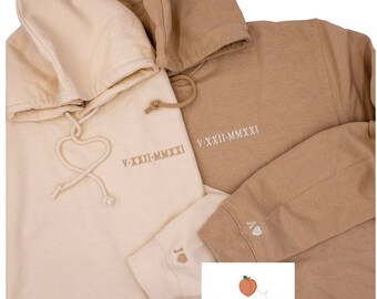 Embroidered Matching Roman Numeral Hoodies, Custom Anniversary Date Couple Hoodies, Custom Initials W/ Heart Sleeve Jumper, Valentines Gift