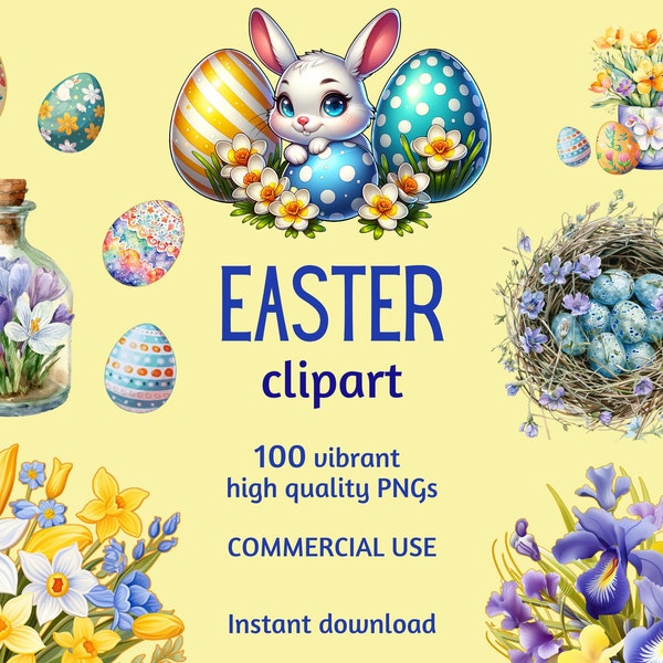 Easter Clipart. 100 vibrant PNGs for crafting, designing and print on demand.