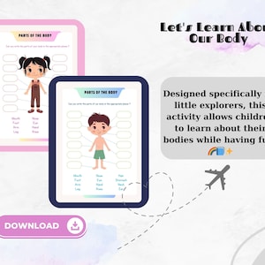 May include: Two educational worksheets titled "Parts of the Body" feature cartoon illustrations of children. The worksheets are designed to help children learn about their bodies. Text includes "Let's Learn About Our Body" and "Download".