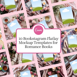 May include: A selection of 10 Bookstagram flatlay mockup templates for romance books. The image shows books with blue covers and cloud designs, alongside roses, candles, and coffee cups. The Canva logo is present.