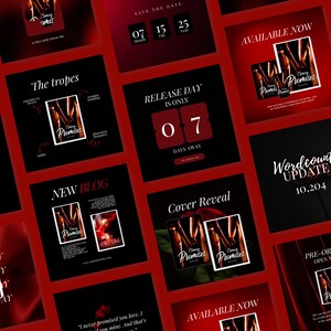 May include: A collection of social media graphics with a red and black color scheme. The graphics promote a book titled "Crimson Promises." Text includes "Save the Date," "Release Day is Only 07 Days Away," and "New Blog."
