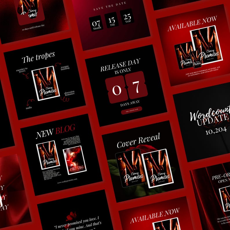 May include: A collection of social media graphics with a red and black color scheme. The graphics promote a book titled "Crimson Promises." Text includes "Save the Date," "Release Day is Only 07 Days Away," and "New Blog."