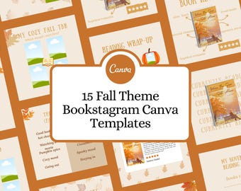 May include: A collection of 15 Fall Theme Bookstagram Canva Templates. The templates feature a warm color palette with images of books, pumpkins, and fall leaves. Text includes "Book Review", "My Cozy Fall TBR", and "Fall Book Haul".