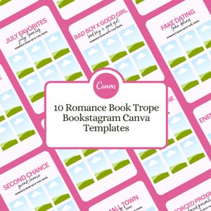 Op de afbeelding: Roze Canva-sjablonen voor Bookstagram-berichten. De sjablonen bevatten een raster van landschapsafbeeldingen met groene heuvels en blauwe luchten. Tekst omvat "July Favorites", "Bad Boy X Good Girl" en "Fake Dating". De centrale tekst luidt "10 Romance Book Trope Bookstagram Canva Templates."