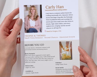 May include: A promotional card for author Carly Han, featuring a photo of the author, book cover art, and text. The card promotes the romance novel "Before You Go" and includes details about the author and the book's themes.