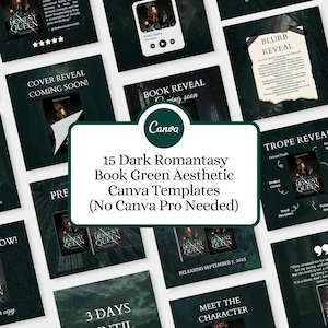 Paquete de 15 plantillas de Canva para autores de romance oscuro, plantillas para promocionar libros de fantasía y plantillas de Instagram con estética verde oscuro para autores.