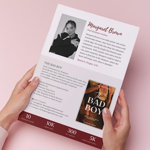 May include: A promotional flyer for author Margaret Brown, showcasing her dark romance novels. The flyer includes a headshot, book details, and social media links. The book title is "The Bad Boy". The flyer also includes the number of romance novels, copies sold, ARC readers and email subscribers.