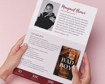 May include: A promotional flyer for author Margaret Brown, featuring a headshot and details about her dark romance novels. The flyer includes the book title "The Bad Boy," author information, and social media links.