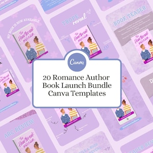 May include: A collection of 20 Canva templates for romance authors to use for their book launches. The templates feature a purple background with a book cover image and text that says "The Heartbreak Mission".