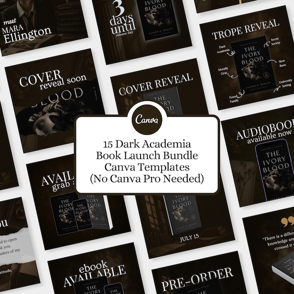 15 szablonów Canva na premierę książki Dark Academia – gotyckie szablony na Instagram dla autorów, zestaw Romantasy i Dark Romance Bookstagram