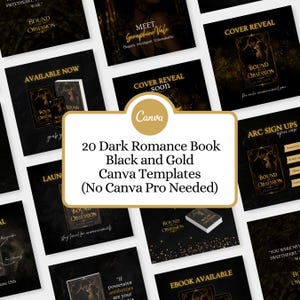 May include: A collection of black and gold Canva templates for dark romance books. The templates include book covers, promotional graphics, and announcements. The text on the templates includes "Bound Obsession" and "Cover Reveal".