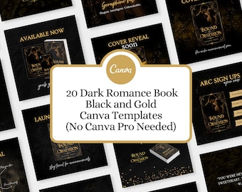 May include: A collection of black and gold Canva templates for dark romance books. The templates include book covers, promotional graphics, and announcements. The text on the templates includes "Bound Obsession" and "Cover Reveal".