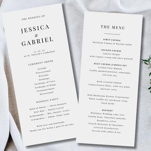 Minimalist Wedding Program and Menu Template | Elegant Black and White Canva Editable | 4x9 Printable Ceremony Program Card & Dinner Menu