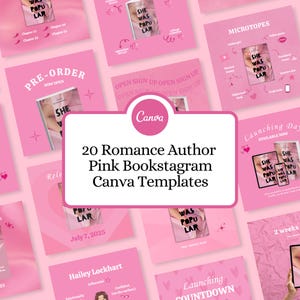以下が含まれることがあります： 「20 Romance Author Pink Bookstagram Canva Templates」のテキストが入った、ロマンス作家向けのピンク色のCanvaテンプレートのコレクション。テンプレートには、本の表紙やプロモーション用のグラフィックが含まれています。