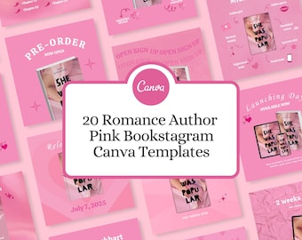 Puede incluir: Un conjunto de plantillas rosas de Canva para autores de novelas románticas, con el texto "20 Romance Author Pink Bookstagram Canva Templates". Las plantillas incluyen portadas de libros y gráficos promocionales.