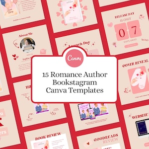 Pode incluir: Uma coleção de 15 modelos Canva rosa e vermelho para autores de romance para usar no Bookstagram. Os modelos apresentam vários designs, incluindo uma revelação de capa de livro, um anúncio de site, uma contagem regressiva do dia de lançamento e uma resenha de livro.