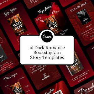Può includere: Una collezione di 15 modelli di storie Bookstagram di dark romance. I modelli presentano copertine di libri come "Bad Boy" e "The Silence" su uno sfondo rosso scuro. Il logo Canva è ben visibile.