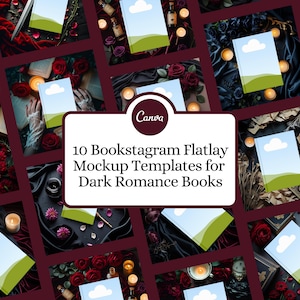 Op de afbeelding: Een digitale mockup-sjabloon met het Canva-logo en de tekst: "10 Bookstagram Flatlay Mockup Templates voor Dark Romance Books." De afbeelding toont boekomslagen met een wolken- en grasontwerp, omringd door rozen en kaarsen.