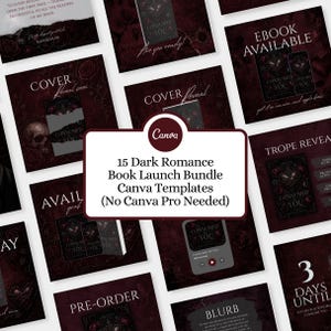 May include: A collection of dark burgundy and black Canva templates for a book launch. The templates include the book title "Consumed by You" and phrases like "Cover Reveal" and "Pre-Order". The Canva logo is visible.