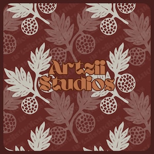 May include: A square, burgundy-colored pattern featuring a repeating design of stylized leaves and berries in cream and light brown. The text "Artzii Studios" is in a retro font, centered on the image.