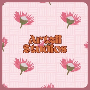May include: A square design featuring a repeating pattern of pink flowers and a woven texture background. The text "Artsii Studios" is in orange, retro-style lettering. The overall color scheme is pink and orange.