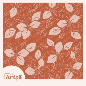 Offset Hibiscus Seamless Pattern: Hand-Drawn Flowers, Boho Line Art (PNG Digital Paper)