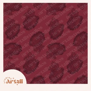 May include: A burgundy-colored pattern featuring repeating illustrations of stylized floral elements. The design includes a combination of detailed line art and solid color, creating a textured visual effect. The bottom left corner displays the text "studios + Artzii".