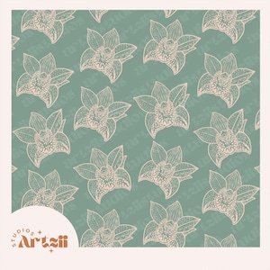 Patrón sin costuras exclusivo de Orquídeas Simples: Arte lineal bohemio (papel digital PNG)