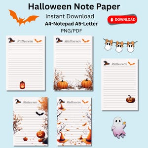 Könnte beinhalten: Eine Sammlung von Halloween-Notizpapieren mit linierten Seiten. Die Designs umfassen Kürbisse, Hexenhüte, Fledermäuse und das Wort "Halloween". Das Bild zeigt auch eine Fledermausgrafik und den Text "Instant Download".