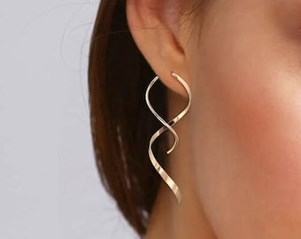 Spiral Threader Earrings Hypoallergenic Twisted Curved Drop Dangle - Pull Through Women's Fashion Earrings in Silver, Gold, Rose Gold