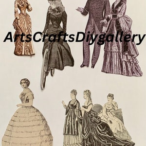 May include: A collection of vintage paper dolls depicting people in Victorian era clothing. The dolls are dressed in elaborate gowns and suits with intricate details. The dolls are cut out and ready to be used for crafts or scrapbooking.