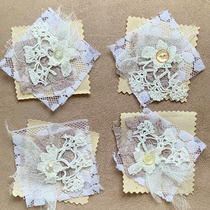 Handgemaakt, shabby chic, stof, kantsnippers, clusters voor langzaam naaien, junkdagboeken, tags, buikbanden, quilten, scrapbooking