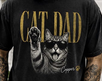 Custom Cat Dad Vintage Photo Shirt, Custom Funny Cat Dad T-Shirt with Custom Pet Name, Cat Owner Father Gift, Retro Vintage Dad Gift
