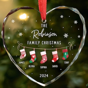 Custom Family Christmas Socks Ornament, New Family Christmas 2024 Gifts, Christmas Home Decor, Personalized Family Stockings Glass Ornaments