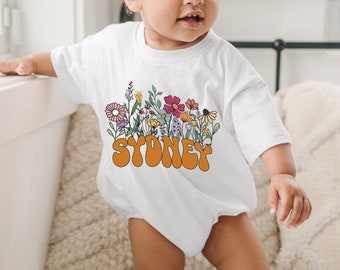 Personalized Wild Flower Romper Bodysuit, Floral Personalized Name Bubble Romper, Baby Shower Gift, Personalized Birthday Girl Gift