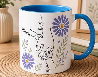 Custom Family Name Flowers Mug, Custom Mug Gifts With Kids Names, Gift For New Dad, Father's Day Gift From Son Or Daughter