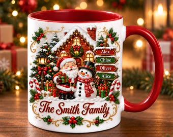 Custom Name Family & Pet Christmas Mug, Santa Snowman Family Name Coffee Cup, Xmas Family Gift, Baby First Christmas Keepsake