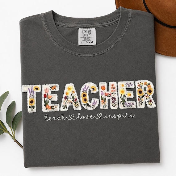 Comfort Colors® Personalized TEACHER Shirt With Name Faux Embroidery EFFECT Teacher Gift For Back to School, Not Real Embroidery