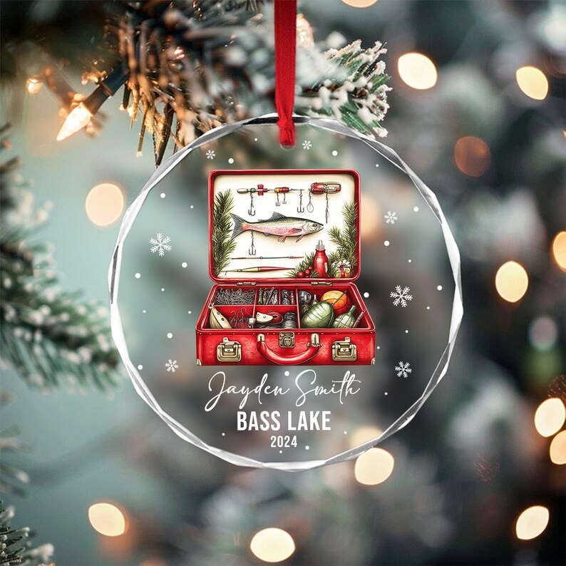 Fishing Tackle Box Ornament, Fisherman Glass Ornament, Dad Fishing