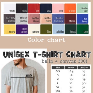 May include: Unisex t-shirt size chart with a model wearing a heather grey t-shirt. The chart shows sizes XS through 4XL with corresponding width and length measurements in inches.